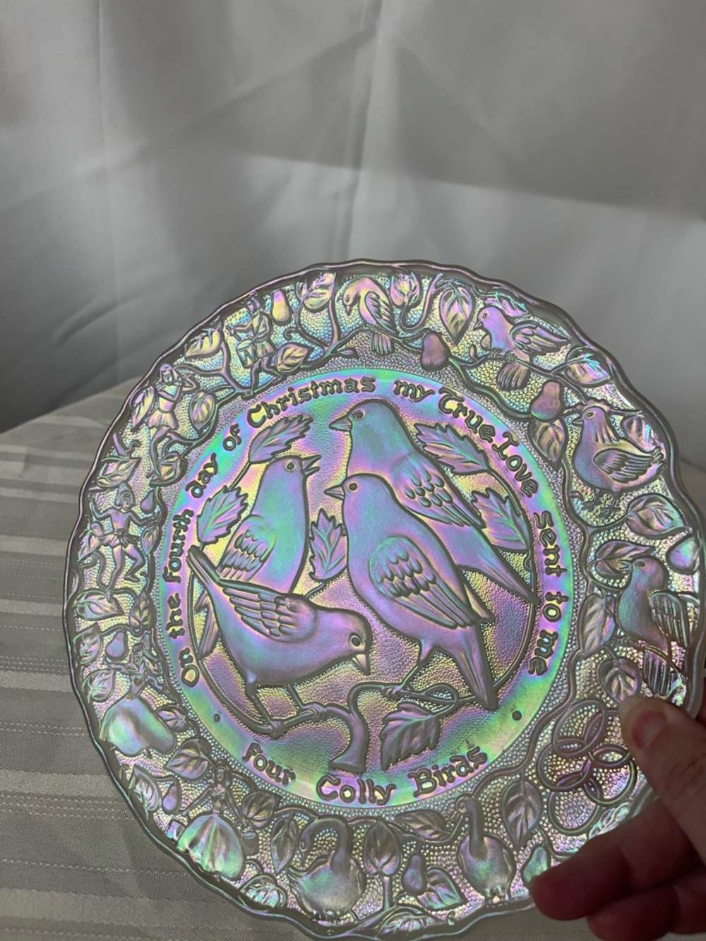 Iridescent White Glass Bird Motif Decorative Plate